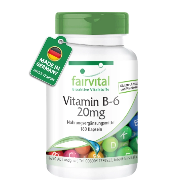Vitamin B-6 20mg - 180 Kapseln - Schluckfreundlich - Pyridoxinhydrochlorid - Für Immunsystem; Energie uvm. - Hochdosiert & Vegan | Fairvital